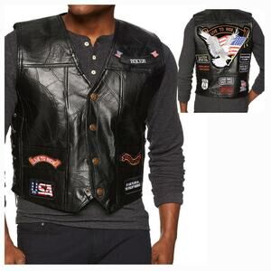Diamond Plate Buffalo Leather Embroidered Patchwork Motorcycle Biker Vest Sz XL